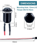 Dimensions of Five Pack 12mm Latching Push Button Switches With Raised Head On Off Normally Open Pre Soldered Cable Aluminum Alloy Shell