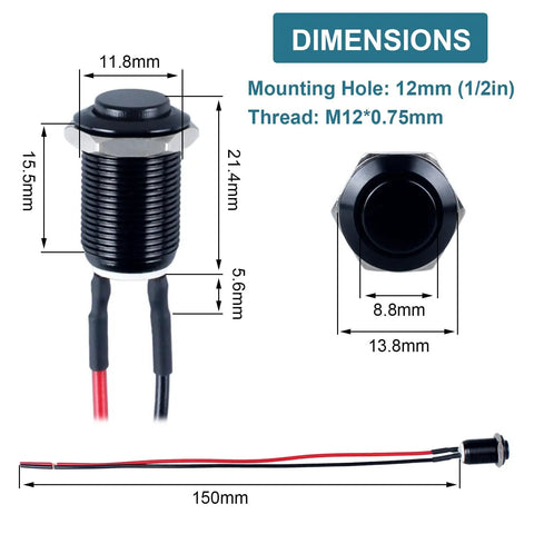 Dimensions of Five Pack 12mm Latching Push Button Switches With Raised Head On Off Normally Open Pre Soldered Cable Aluminum Alloy Shell