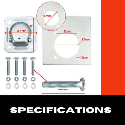 Specifications of Recessed Pan D Ring Floor Tie Downs Four Pack For Cargo Trailers And Truck Beds 6000 Lbs with hardware shown