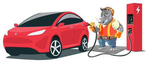 Bulletproof EV Charging Station Safety Mat And Heavy Duty Electrical Insulation Runner Keeping Power Cables Snag Free Through Daily Commutes And Road Trips 36 By 192, cartoon rhino charging red electric vehicle.