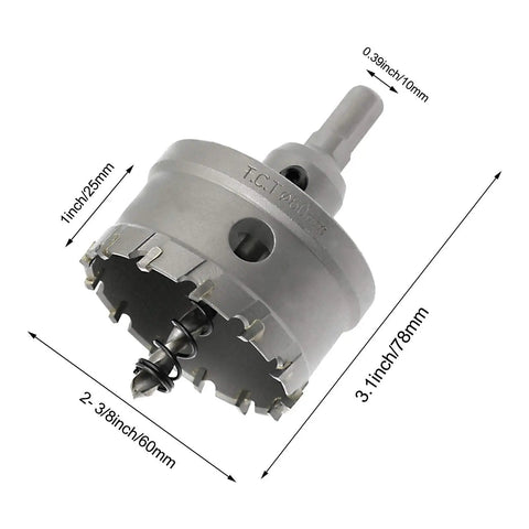 Heavy Duty 2 3/8 Inch Carbide Tipped Hole Saw Drill Bit featuring industrial TCT cemented teeth, showing size and design details.