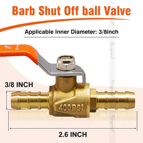 Beefy 3/8 Inch Brass Shut Off Ball Valve with Hose Barb Fittings for Water and Fuel Lines RV Gas Air Tubing 2 Pack