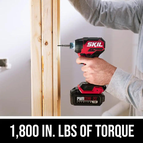 Pwr Core 20 Brushless 20V Compact Drill Driver And Impact Driver Kit With 2.0Ah Battery drilling a wooden beam