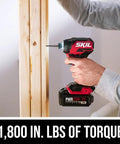 Rock Solid Brushless 20 Volt Compact Impact Driver Kit delivering 1800 inch pounds torque on wooden beams with bright LED light.