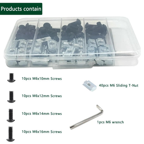 80 Piece M6 T Nut Screws Kit For 1010 1020 Aluminum Extrusions with organized screws, T-nuts, and wrench in plastic case.