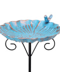 Close-up of 34 Inch Tall Metal Bird Bath On A Stake For Outdoors with three-prong base, featuring a rust-resistant finish and bird decoration.