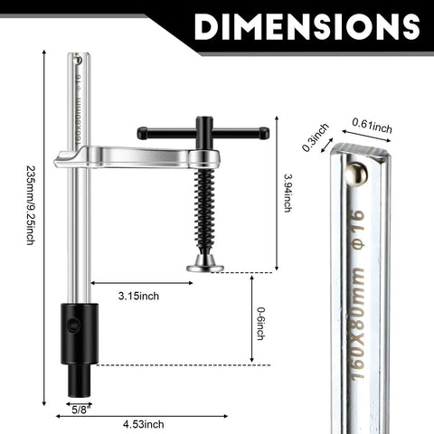 Heavy Duty Welding Fixture Set With T-Handle Clamps And 2 Fixtures Plus 12 Pins For 5/8 Inch Welding Tables, dimensions chart.