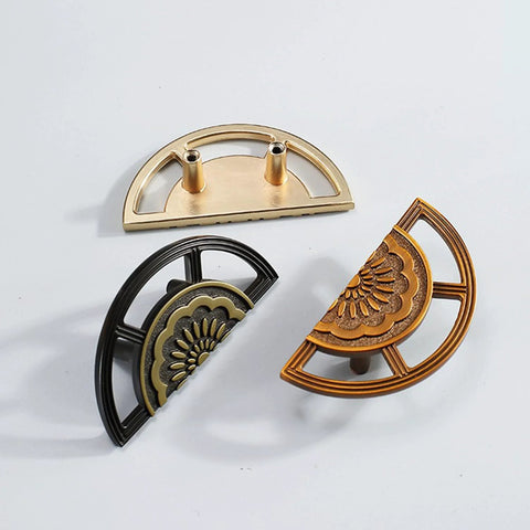 Two Pack Brushed Gold Zinc Alloy Cabinet Pulls Semi Circular Dresser Pulls For Drawers Cabinets And Doors, three finishes shown
