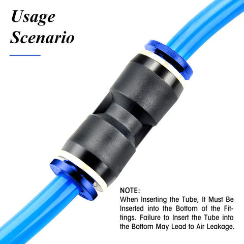 Straight Push To Connect Pneumatic Fittings 4mm Tube OD with blue hose, usage instructions visible