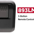 Close-up of 3 Button Garage Door Opener Remote Control Model 893LM, black transmitter with visible buttons and product branding.