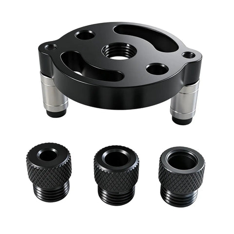 Bulletproof Aluminum Self Centering Drill Guide Jig For Bullseye Hole Alignment with interchangeable parts for woodworking.