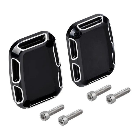 Premium CNC Machined Brake Clutch Master Cylinder Covers For Custom Cruisers, black aluminum, two-piece set with screws.