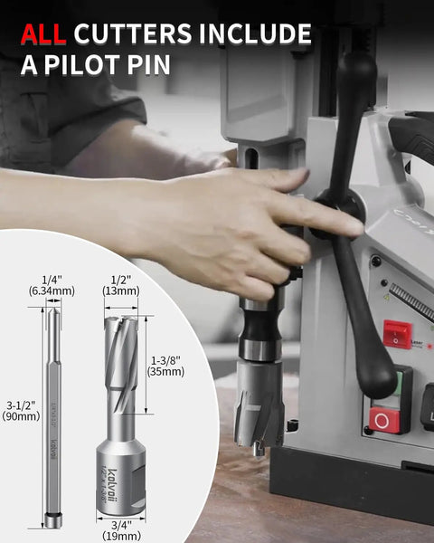 Heavy Duty Magnet Mount Carbide Tipped Annular Cutter 1/2 Inch By 1-3/8 Inch Depth mounted on a drill for precision cutting.