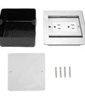 Slick Recessed Floor Power Box Featuring Double Electric Receptacles With Smooth Sliding Cover For Modern Homes, stainless steel and black materials, includes cover.