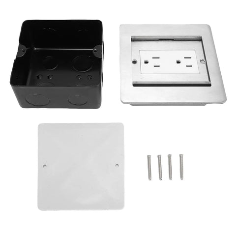 Heavy Duty Recessed Floor Outlet With Two Electrical Receptacles Featuring Double Slide Stainless Steel Build For Dead Simple Kitchen Living Room Or Office Power Hookup Zero Grind One Hand Setup At One Hundred Ten Volts components display including stainless steel cover, black box, and mounting screws.