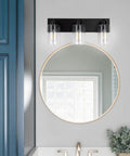 Three Light Matte Black Bathroom Vanity Light Fixture For Farmhouse Style Over Mirror With Clear Glass Shade E26 Base