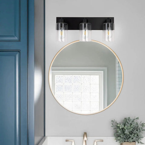Three Light Matte Black Bathroom Vanity Light Fixture For Farmhouse Style Over Mirror With Clear Glass Shade E26 Base