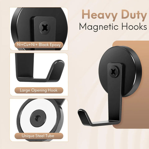 Heavy Duty Magnetic Hooks 170 Lb Hold Wreath Hanger No Drill Door Hook With Steel Tube Base Black 2 Pack Perfect For Metal Doors Walls Fridges Offices And Holiday Decor, showcasing black hooks with steel tube design and large opening.