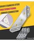 Tough As Nails 10 Pack Heavy Duty Stainless Steel Corner Braces For Wood Shelves Furniture DIY Projects Rock Solid Anti Wobble Stabilizer Clamps thickened corner connector shown with multiple angles.