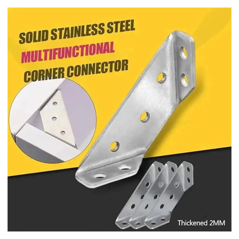 Tough As Nails 10 Pack Heavy Duty Stainless Steel Corner Braces For Wood Shelves Furniture DIY Projects Rock Solid Anti Wobble Stabilizer Clamps thickened corner connector shown with multiple angles.