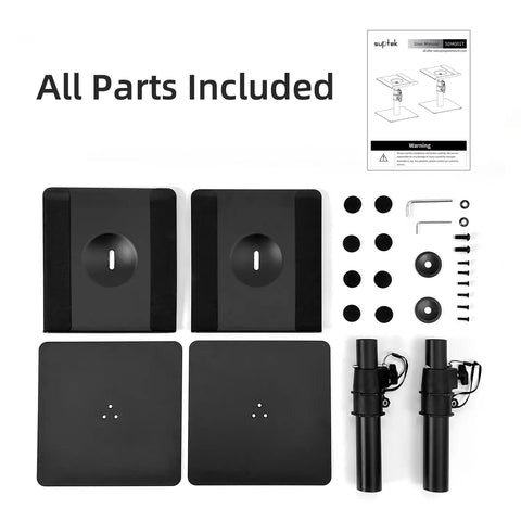 Components of Two Pack Free Standing Universal Desk Speaker Stands That Are Rock Solid With 9.6 By 8.8 Inch Trays Height Adjustable Pole And Tilt