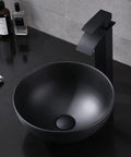 Sleek Black Vessel Sink With Drain Included, 13x13 Round Above Counter Bathroom Vanity Sink with faucet, modern matte finish.