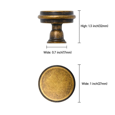 10 Pack Brushed Antique Brass Kitchen Cabinet Knobs Zinc Cabinet Hardware For Dresser Drawers Solid Metal Rust Proof Anti Corrosion Non Toxic 1.2 Inch Diameter 1.1 Inch Height Includes 1 Inch Screws. Side and top view of antique brass cabinet knob with size dimensions.
