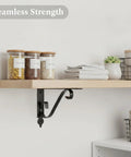 Heavy Duty Carbon Steel L-Shaped Shelf Brackets for Wall Mounts and Floating Shelves, Durable Black Finish, holding wooden shelf.