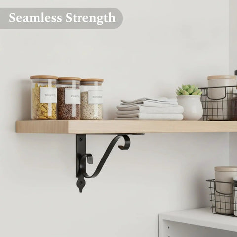 Heavy Duty Carbon Steel L-Shaped Shelf Brackets for Wall Mounts and Floating Shelves, Durable Black Finish, holding wooden shelf.