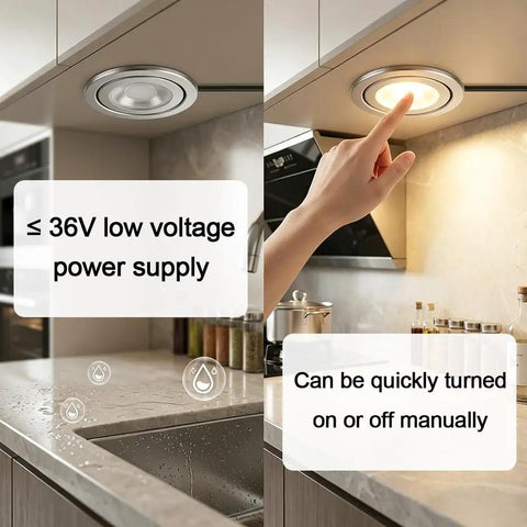 Showing 2 PCS Range Hood LED Recessed Light, 12V DC 3W 6000K Kitchen Downlight in use, with a hand turning light on.