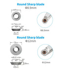Front view: two round tungsten carbide blade inserts, diameters 8.9 mm and 12 mm, with center holes.