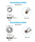 Diagram of 8.9mm and 12mm round tungsten carbide cutters from 18 Piece Tungsten Carbide Cutters Inserts Set for Wood Lathe Turning Tools