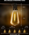 Outdoor String Lights 100Ft Remote Dimmable, Waterproof Connectable Edison Style ST38 Bulbs, dimensions shown with warm glow.