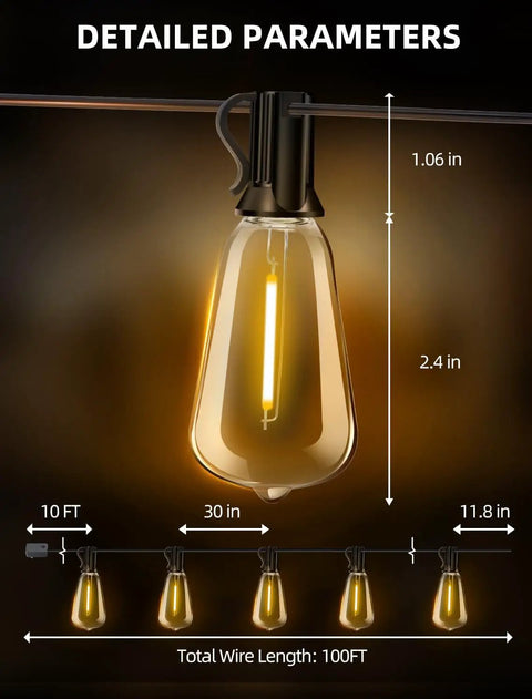 Outdoor String Lights 100Ft Remote Dimmable, Waterproof Connectable Edison Style ST38 Bulbs, dimensions shown with warm glow.