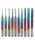 Eyech 10-piece nano blue-coated end mills set with 1/8 inch shank for PCB, plastic, and wood.