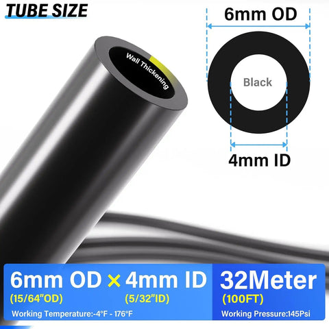 Diagram showing Black Polyurethane Air Hose 6mm OD 4mm ID 32 Meter 100 Foot Kit dimensions and specifications.