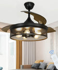 42 Inch Caged Ceiling Fan With Remote Control And Lights Dope Farmhouse Flush Mount Low Profile Ceiling Fan in matte black