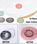 Five Pack Heavy Duty Silicone Hair Catcher Drain Stopper For Shower Tub Kitchen Sink Reusable Strainer Sieve Insert Easy Clean Filter Screen showcasing various colors in use.