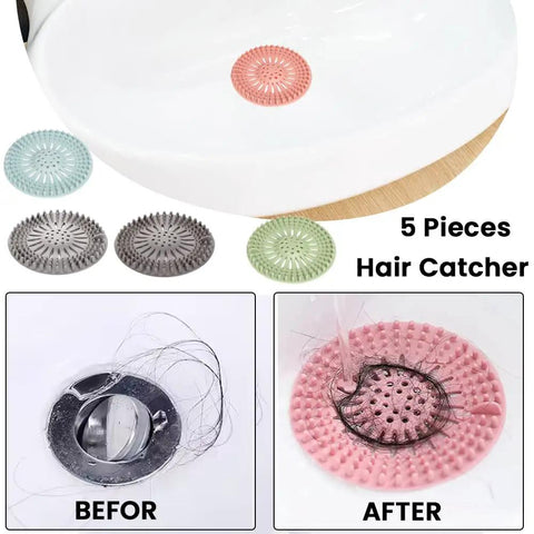 Five Pack Heavy Duty Silicone Hair Catcher Drain Stopper For Shower Tub Kitchen Sink Reusable Strainer Sieve Insert Easy Clean Filter Screen showcasing various colors in use.