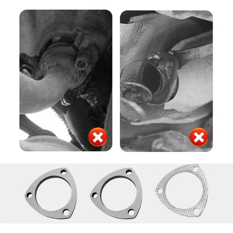 Premium Stainless Steel 3 Inch Exhaust Flange Gasket Repair Kit With Heavy Duty Bolts showcased with damaged exhaust connections.