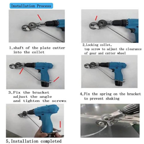Installation steps for Electric Drill Plate Cutter Nibbler Attachment with Adapter for Sheet Metal Cutting Tool.