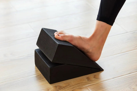 High Grade Foam Yoga Wedge Blocks Set Of Two With Carry Bag Multi Angle Incline Support for deep stretching use with foot on black wedges