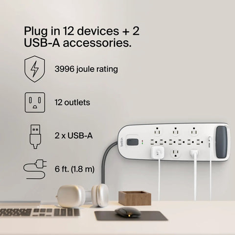 12 Outlet Surge Protector Power Strip With USB Ports, 6 Ft Flat Plug Extension Cord, 3996 Joules Protection in use on desk