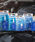 Front view of Permatex Threadlocker Blue bottles and display cards; medium-strength, 6 ml size; multiple boxes visible.