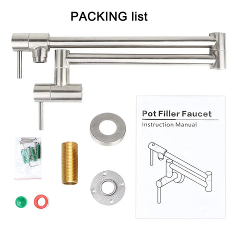 Stainless Pot Filler Faucet Wall Mount With Stretchable Double Joint Swing Arm Single Hole 2 Handle Brushed Finish parts shown.