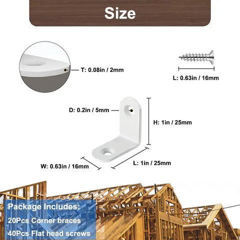 White L Bracket Set 20 Pcs 1 Inch Stainless Steel Corner Braces 25x25mm with screws shown with dimensions and packaging