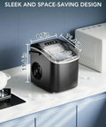 Dope Little Portable Countertop Ice Maker With Self Cleaning And Easy Carry Design in black on kitchen counter, dimensions shown.