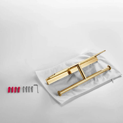 Double Roll Toilet Paper Holder With Shelf In Solid Brass And Polished Gold Finish, Hotel Style Tissue Dispenser on packaging