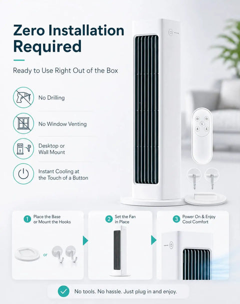 Ultra Quiet Bladeless Personal Cooling Fan With Cordless Rechargeable Power setup instructions and fan shown