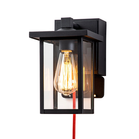 Black Outdoor Wall Mount Porch Light With Two Built In GFCI Outlets And Weatherproof Exterior Fixture For Home Garage And Patio